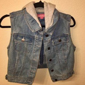 Forever 21 cropped jean denim vest with hoodie